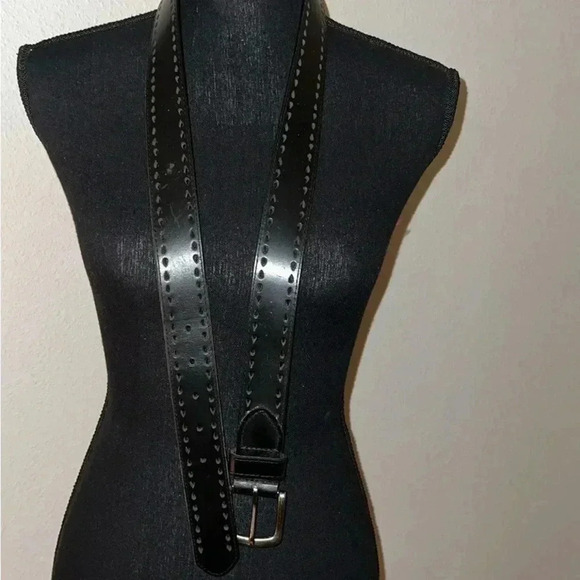 Unisex Genuine Black Perforated Leather Belt with Brushed Silver Buckle XL - Picture 11 of 14